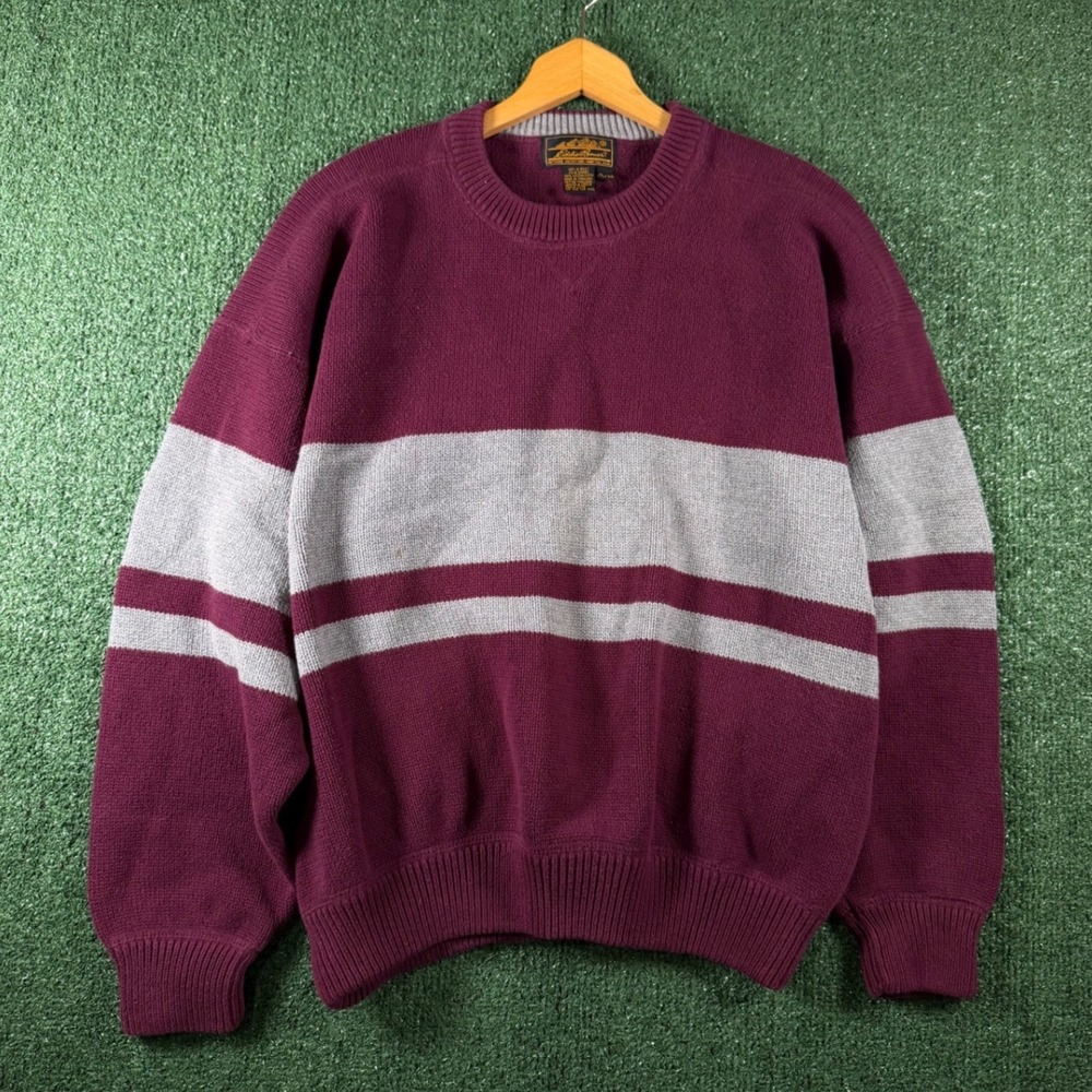 Eddie Bauer Sweater Mens XL Burgundy Good Vintage Striped Cotton Crewneck